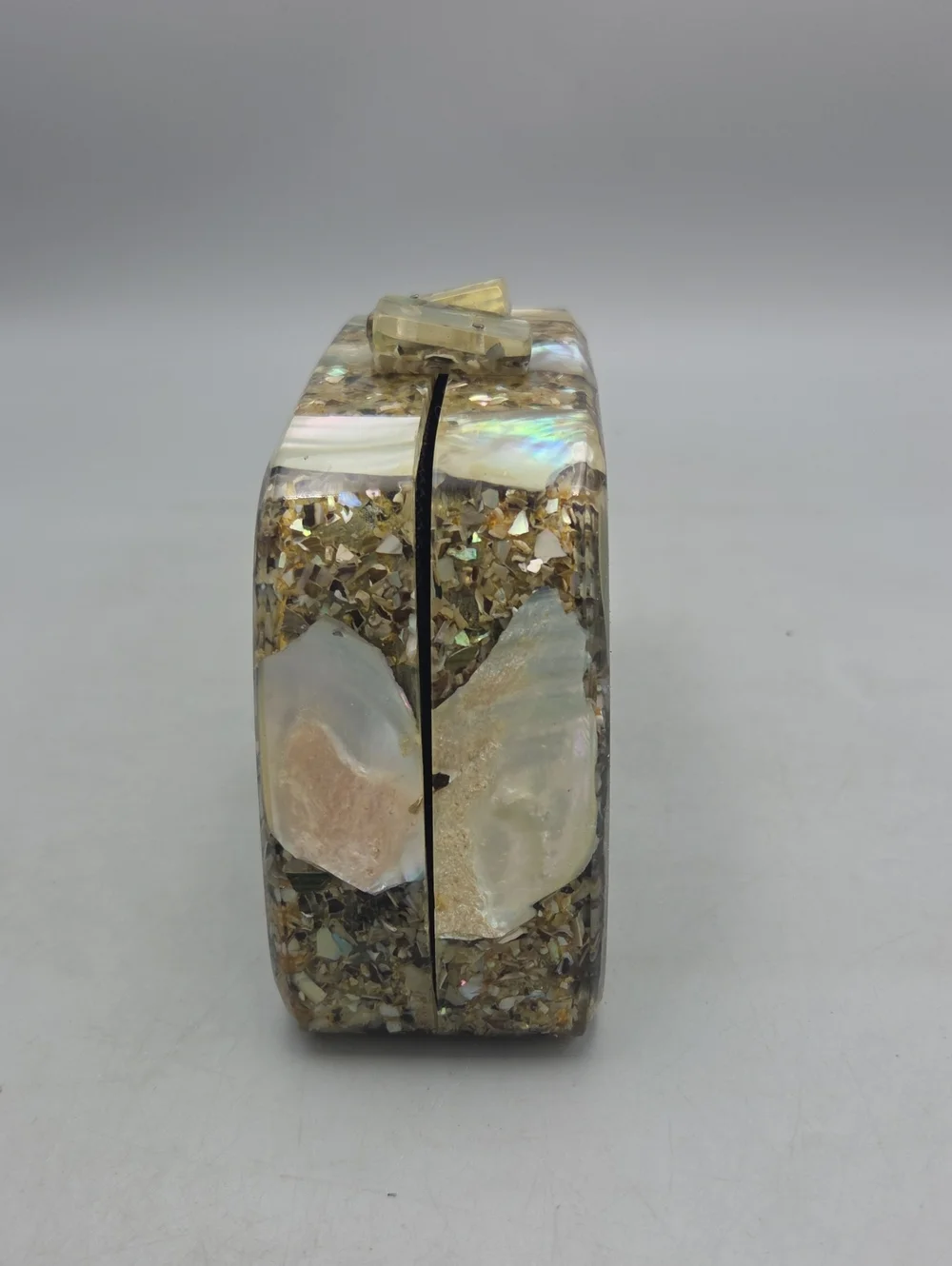 Vintage mother-of-pearl and abalone shell mosaic acrylic/lucite evening clutch
